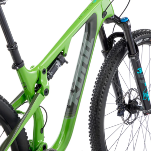 Roheline Kona Hei Hei CR jalgratas, millel on täisvedrustus ja mustad rehvid.