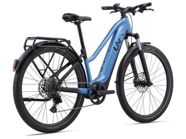 Liv Amiti E1 2024 elektrijalgratas Estoril Blue, musta raamiga ja tagumise rattakanduriga.
