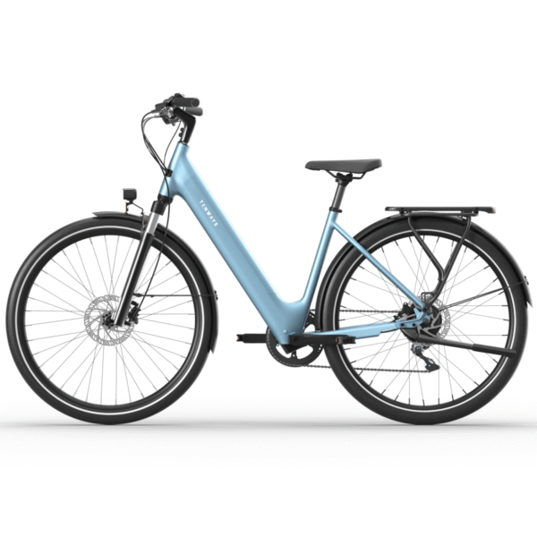Tenways CGO800 Plus elektrijalgratas sinises värvitoonis, millel on madal raam ja mustad rattad.