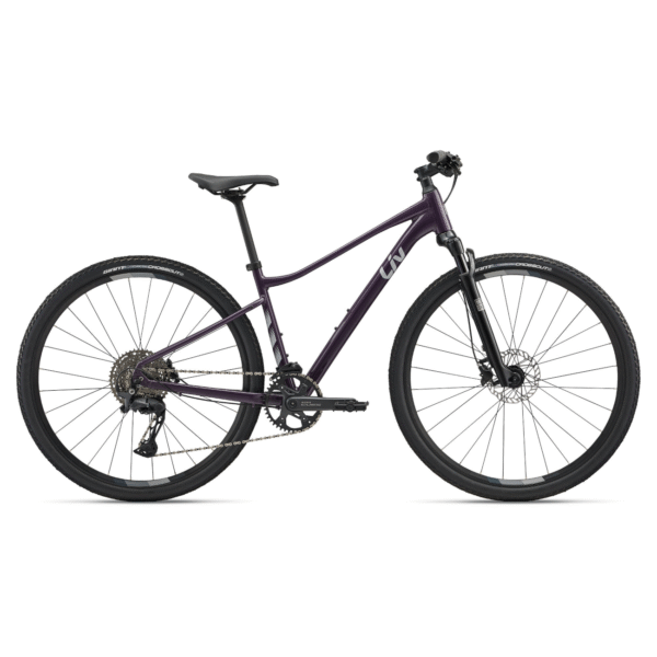 Liv Rove 1 2024 naiste jalgratas Tyrian Purple, mustade rataste ja alumiiniumraamiga.