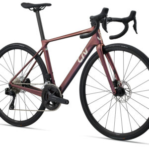 Canyon road bike with a maroon frame and black components, positioned at an angle.